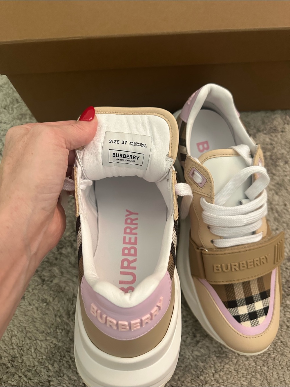 Burberry Beige, Pink & Classic Check Leather Platform Sneakers - Picture 4 of 5